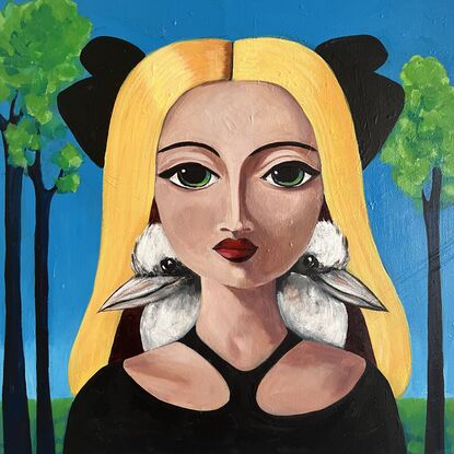 A bright and bold painting on a textured canvas of a woman with yellow hair. Two Kookaburras sit on either shoulder underneath a blue sky with dream like  tall green trees beside her. 