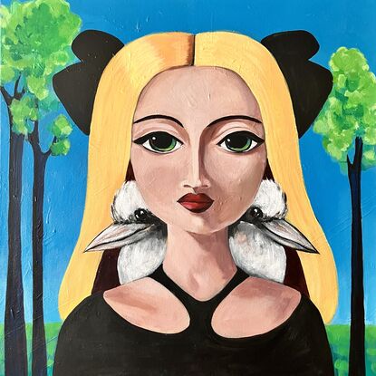 A bright and bold painting on a textured canvas of a woman with yellow hair. Two Kookaburras sit on either shoulder underneath a blue sky with dream like  tall green trees beside her. 