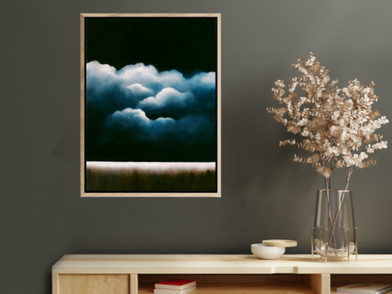 A Deep dark blue canvas with ethereal highlighted clouds over a faint landscape below; Lucinda Leveille; original art; framed