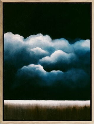 A Deep dark blue canvas with ethereal highlighted clouds over a faint landscape below; Lucinda Leveille; original art; framed