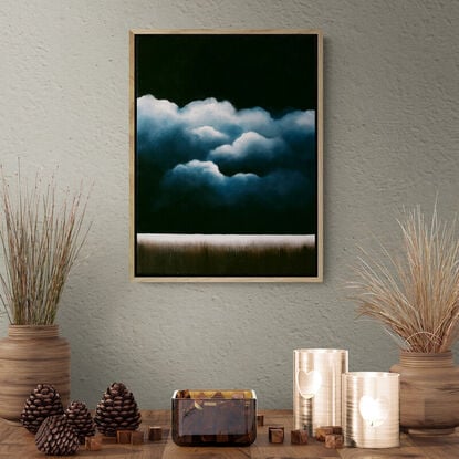 A Deep dark blue canvas with ethereal highlighted clouds over a faint landscape below; Lucinda Leveille; original art; framed