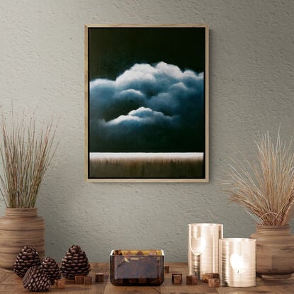 A Deep dark blue canvas with ethereal highlighted clouds over a faint landscape below; Lucinda Leveille; original art; framed