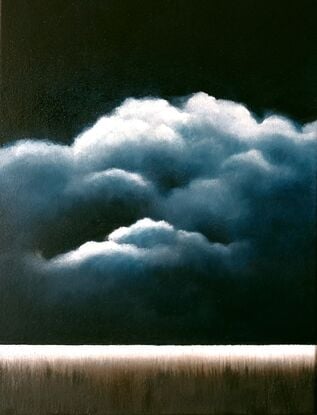 A Deep dark blue canvas with ethereal highlighted clouds over a faint landscape below; Lucinda Leveille; original art; framed