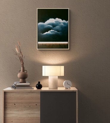 A Deep dark blue canvas with ethereal highlighted clouds over a faint landscape below; Lucinda Leveille; original art; framed