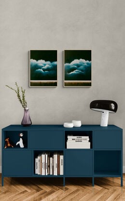 A Deep dark blue canvas with ethereal highlighted clouds over a faint landscape below; Lucinda Leveille; original art; framed