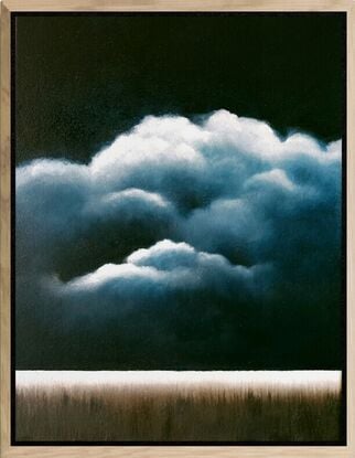 A Deep dark blue canvas with ethereal highlighted clouds over a faint landscape below; Lucinda Leveille; original art; framed