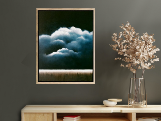 A Deep dark blue canvas with ethereal highlighted clouds over a faint landscape below; Lucinda Leveille; original art; framed