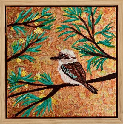 Kookaburra in golden bush
This painting is slightly varnished and framed with natural wood great quality.
Premium Linen
Birds are my cup of tea at this moment..I choose to work with metal leaf for the background there is a magical effect when light changing .
Kookaburra are so special and powerful..it was a pleasure to work on this one !
Each painting is provided with a certificate of authenticity.
Wrapped securely with bubbles layers and thick cardboard.ready to hang with D rings
