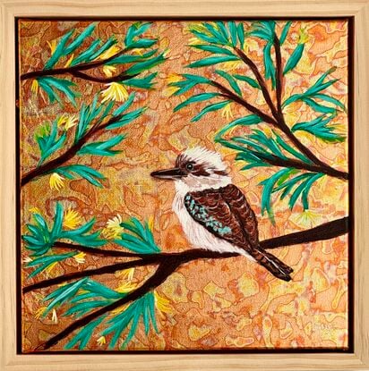 Kookaburra in golden bush
This painting is slightly varnished and framed with natural wood great quality.
Premium Linen
Birds are my cup of tea at this moment..I choose to work with metal leaf for the background there is a magical effect when light changing .
Kookaburra are so special and powerful..it was a pleasure to work on this one !
Each painting is provided with a certificate of authenticity.
Wrapped securely with bubbles layers and thick cardboard.ready to hang with D rings
