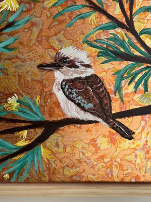 Kookaburra in golden bush
This painting is slightly varnished and framed with natural wood great quality.
Premium Linen
Birds are my cup of tea at this moment..I choose to work with metal leaf for the background there is a magical effect when light changing .
Kookaburra are so special and powerful..it was a pleasure to work on this one !
Each painting is provided with a certificate of authenticity.
Wrapped securely with bubbles layers and thick cardboard.ready to hang with D rings
