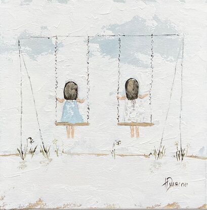 Original Figurative Farmhouse Painting featuring two young girls on a swing set. Painted with a palette knife and brush on stretch canvas
