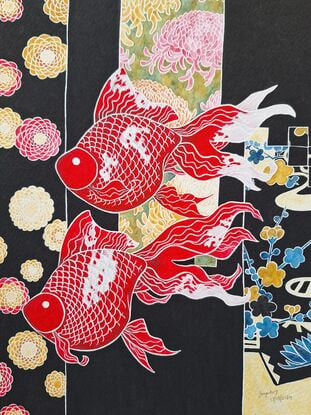 Two red and white Ryukin goldfishes swimming in the Kimono Forest (Kyoto, Japan).