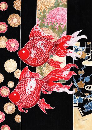 Two red and white Ryukin goldfishes swimming in the Kimono Forest (Kyoto, Japan).