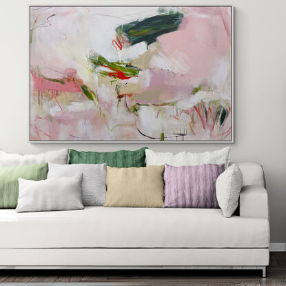 Subtle tones in green, pink, white, grey, beige and neutral tones combined with large expressive pencil and paint marks, across the canvas surface. 