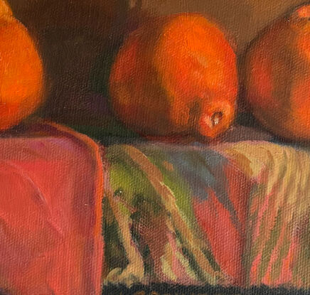 Painting of three tangellos on a shelf painted in warm oranges, venetian red, ochres and raw umber.