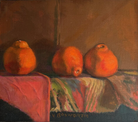 Painting of three tangellos on a shelf painted in warm oranges, venetian red, ochres and raw umber.