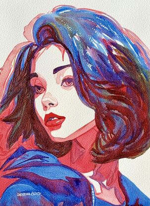 "Glimmering Gaze" by Christine Beard is a striking watercolor portrait that captures the essence of modern femininity with bold brushstrokes and vibrant colors. The artwork features a young woman with an intense, yet introspective expression, rendered in rich reds and blues that highlight the emotional depth of the subject. This contemporary piece embodies the power of visual storytelling, making it a captivating addition to any art collection. Perfect for those who appreciate expressive and dynamic art that resonates with both color and emotion.


