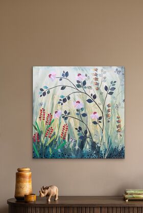 Mixed media blooms set against washed out acrylic grasses