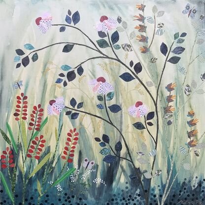 Mixed media blooms set against washed out acrylic grasses