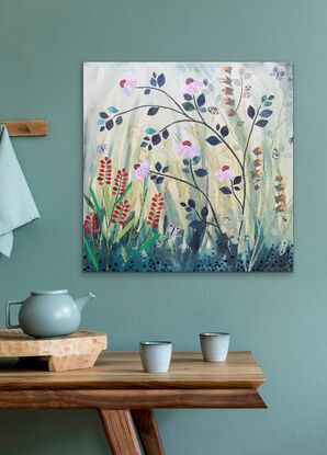 Mixed media blooms set against washed out acrylic grasses