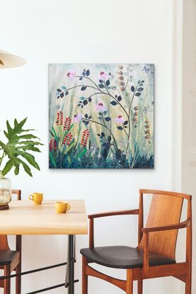 Mixed media blooms set against washed out acrylic grasses