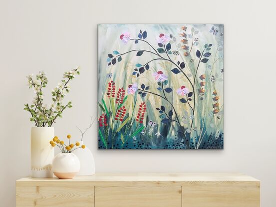 Mixed media blooms set against washed out acrylic grasses