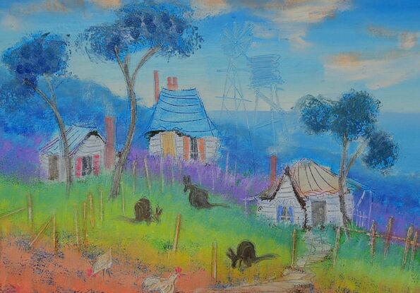 Colorful Australian landscape with cottages, trees and animals