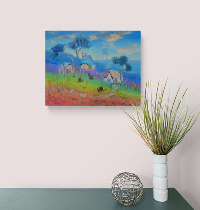 Colorful Australian landscape with cottages, trees and animals