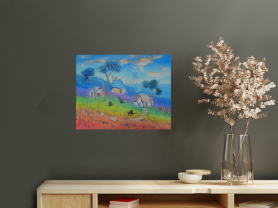 Colorful Australian landscape with cottages, trees and animals