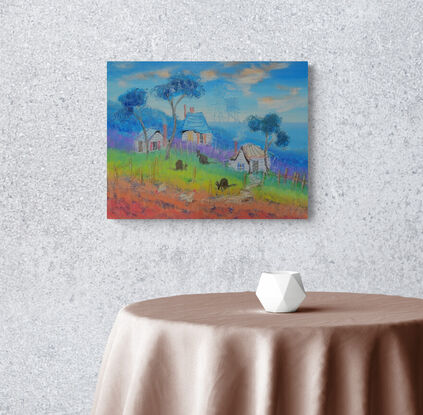 Colorful Australian landscape with cottages, trees and animals