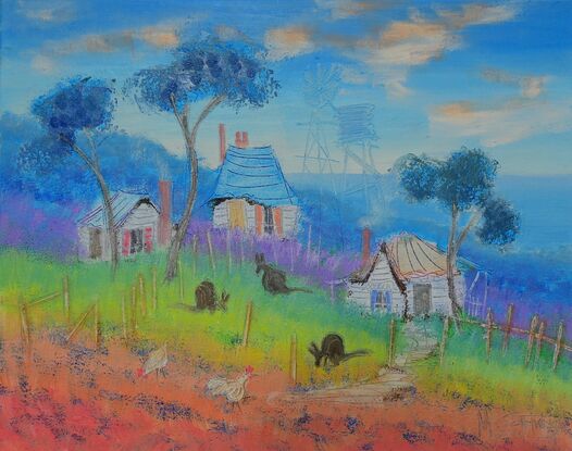 Colorful Australian landscape with cottages, trees and animals