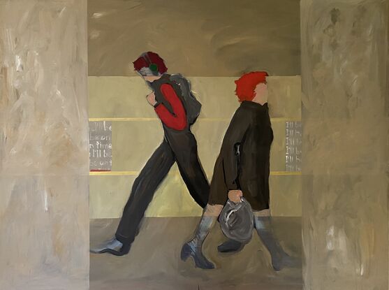 The image depicts two figures walking in the opposite direction. It’s a picture about the generational gap, the gender gap. While they are going in their opposite way, they are both hurrying to get to their destinations in an urban concrete city.  A young man and an older woman; both dressed in black, both coloured their hair a shade of red, both carrying a big bag with what? Is the gap filled with similarity and sameness?