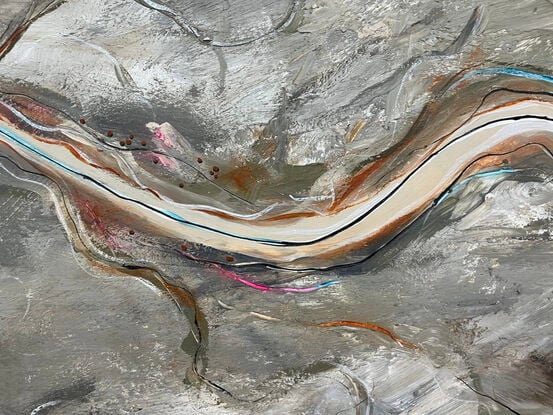 The Soft Light of Dawn is a modern contemporary abstract landscape painting, that  features a textured aerial perspective bathed in soft neutral tones. The composition is marked by a serene river cutting horizontally across the canvas, evoking the quiet stillness of dawn as the first light gently touches the earth. 