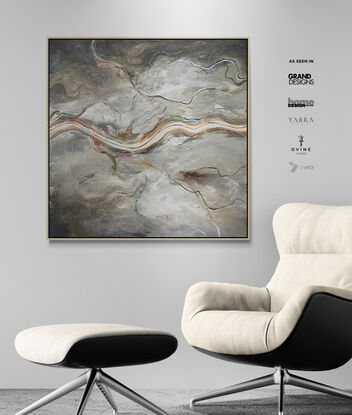 The Soft Light of Dawn is a modern contemporary abstract landscape painting, that  features a textured aerial perspective bathed in soft neutral tones. The composition is marked by a serene river cutting horizontally across the canvas, evoking the quiet stillness of dawn as the first light gently touches the earth. 