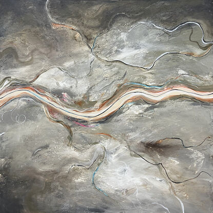 The Soft Light of Dawn is a modern contemporary abstract landscape painting, that  features a textured aerial perspective bathed in soft neutral tones. The composition is marked by a serene river cutting horizontally across the canvas, evoking the quiet stillness of dawn as the first light gently touches the earth. 