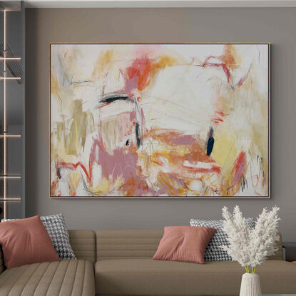 Subtle tones in warm earthy beige, apricot, orange, pink, blush,, peach,  white, grey, black, blue combined with large expressive pencil and paint marks, across the canvas surface. 