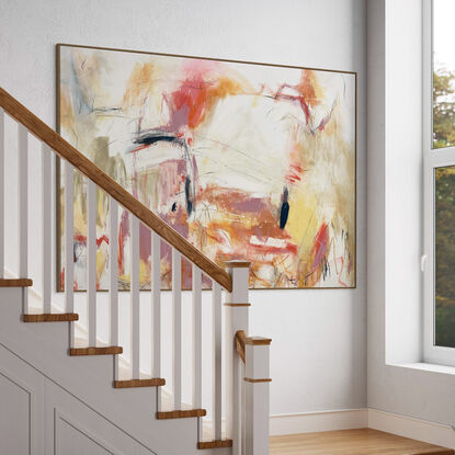 Subtle tones in warm earthy beige, apricot, orange, pink, blush,, peach,  white, grey, black, blue combined with large expressive pencil and paint marks, across the canvas surface. 