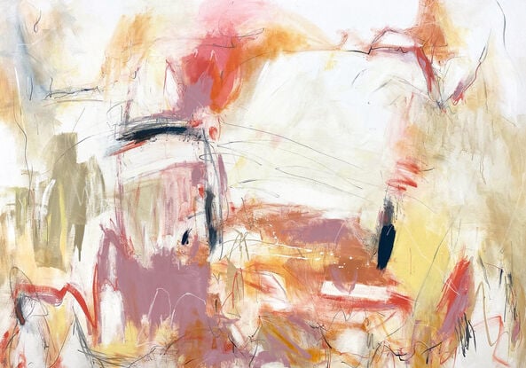 Subtle tones in warm earthy beige, apricot, orange, pink, blush,, peach,  white, grey, black, blue combined with large expressive pencil and paint marks, across the canvas surface. 