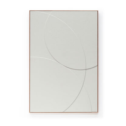 Simplistic, monochromatic, textured wall relief wall sculptures in an off-white colour. The art is composed of various circular shapes in different 3d layers, giving it depth and dimension. The artwork's modern and timeless feel comes from its simplicity and muted colour.