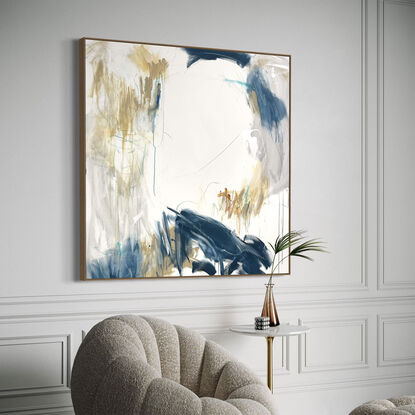 Subtle tones of dark blue, light blue, white, neutral, grey, beige and ochre across the canvas surface. 