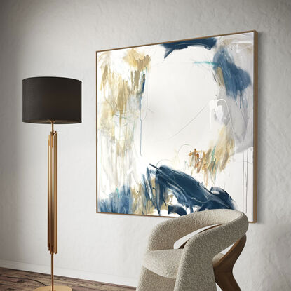 Subtle tones of dark blue, light blue, white, neutral, grey, beige and ochre across the canvas surface. 