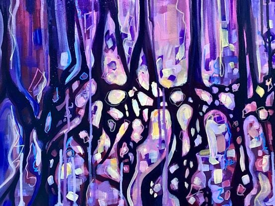 Flowing organic shaped design implying trees and nature. Dark rich purples and plums infused with  Yellow and peach  to  eliminate the shape and form the piece. Almost alien or Celular the shapes make feel  the flow of life.