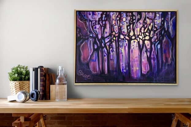 Flowing organic shaped design implying trees and nature. Dark rich purples and plums infused with  Yellow and peach  to  eliminate the shape and form the piece. Almost alien or Celular the shapes make feel  the flow of life.