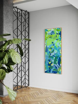 'Seven Perception' is a painting with colour crossing over one another to create effect. The colours intertwine creating a dance of their own. It is not intended to be too literal and so allows you to see whatever you can find.