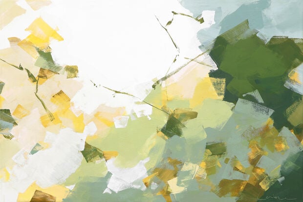 Large strokes of layered colours, greens, grey blues, olive and yellow on a white background.