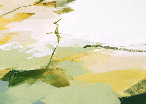 Large strokes of layered colours, greens, grey blues, olive and yellow on a white background.