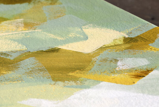 Large strokes of layered colours, greens, grey blues, olive and yellow on a white background.