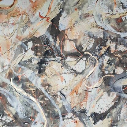 A large painting of a shell close up  copper, red, bronze, khaki, burnt orange, pale terracotta, beige, black and white.