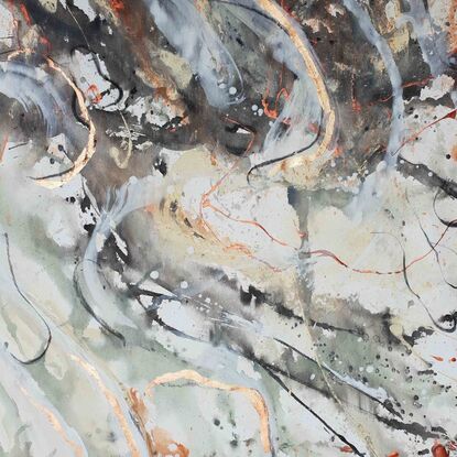 A large painting of a shell close up  copper, red, bronze, khaki, burnt orange, pale terracotta, beige, black and white.