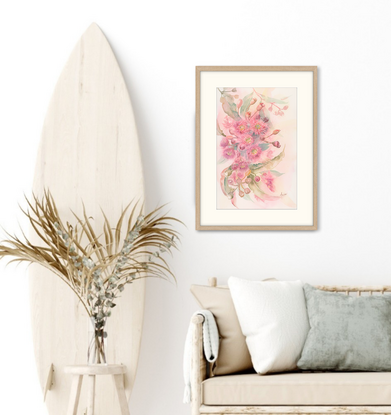 Watercolour painting of large atmospheric pink gum blossoms and leaves